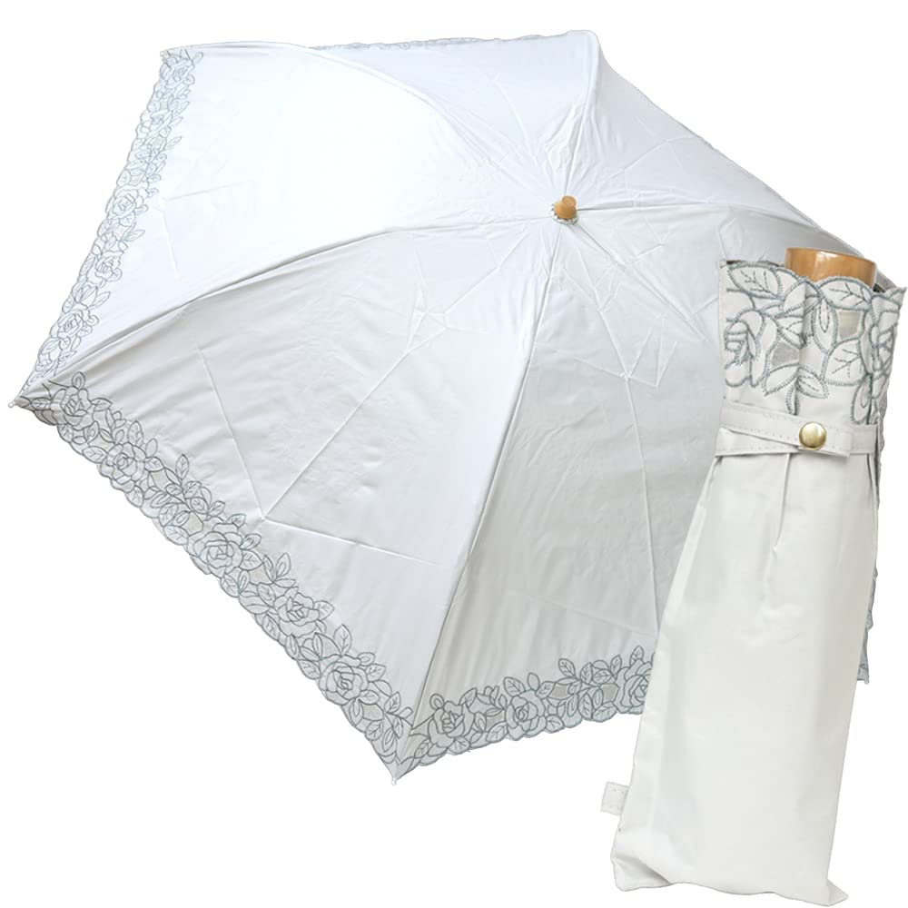 

Новый Японский Складной Подходящий для Блокировки Солнечного и УФ Света Вышивка Розы Цветком Зонт от Солнца, Дождя, Легкий, Защита, 99,99% Степень, (Белый с оттенком)