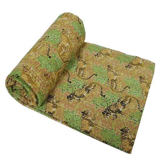 

Индийское винтажное одеяло с ручным блочным принтом Kantha Quilt Kantha Throw Blanket Single Size Cotton Kantha Quilt Tiger Print