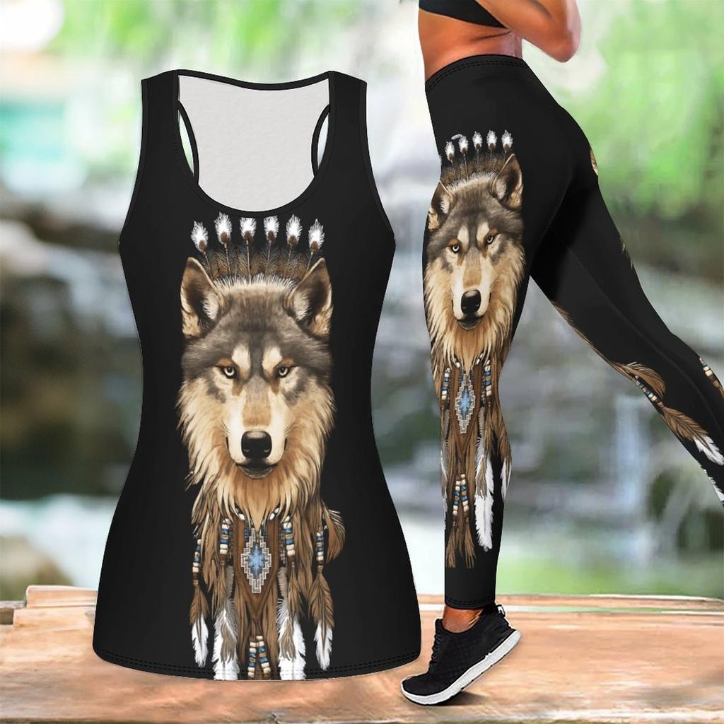 Silny Wilk Wzór Nadruk Strój do Jogi dla Kobiet Moda Legginsy Treningowe Fitness Sportowy Codzienny Zestaw do Jogi Garnitur Sportowy