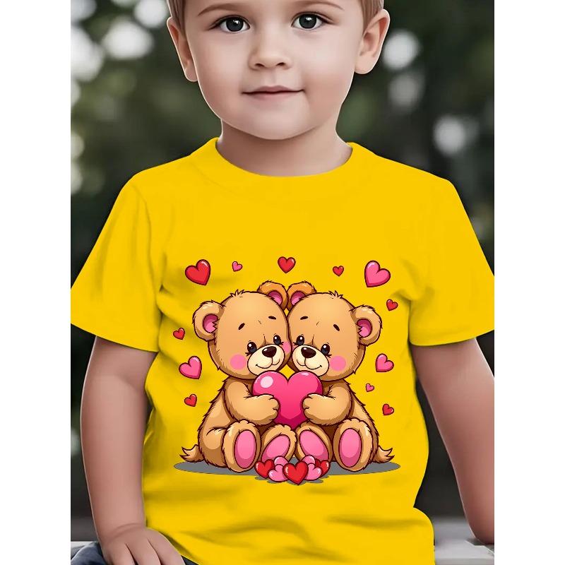 

European sizes [Boys Teddy Bear T-Shirt] Boys Cute Teddy Bear Holding Heart T-Shirt - Summer Short Sleeve Casual Round Neck Top 164cm жовтий