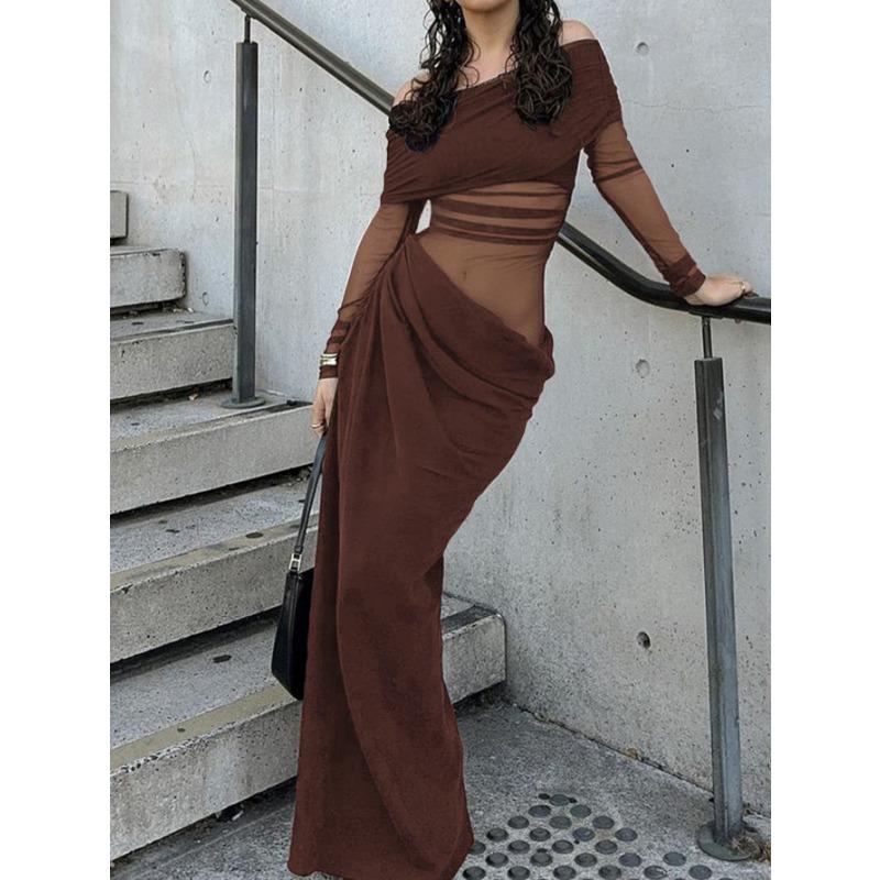 Elegant Off-shoulder Long-sleeved Mesh Long Skirt for Women Autumn and Winter One-shoulder Slim High-waisted Dress