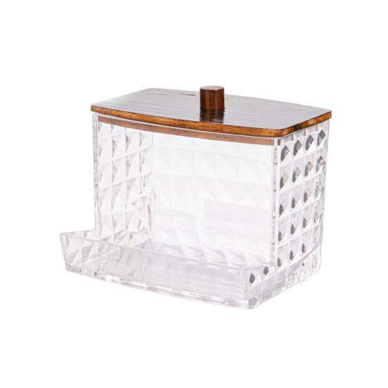 Storage Box with Bamboo Lid Dustproof Moisture Resistant Clear Acrylic Container Cotton Swabs Dental Floss Jewelry Organizer