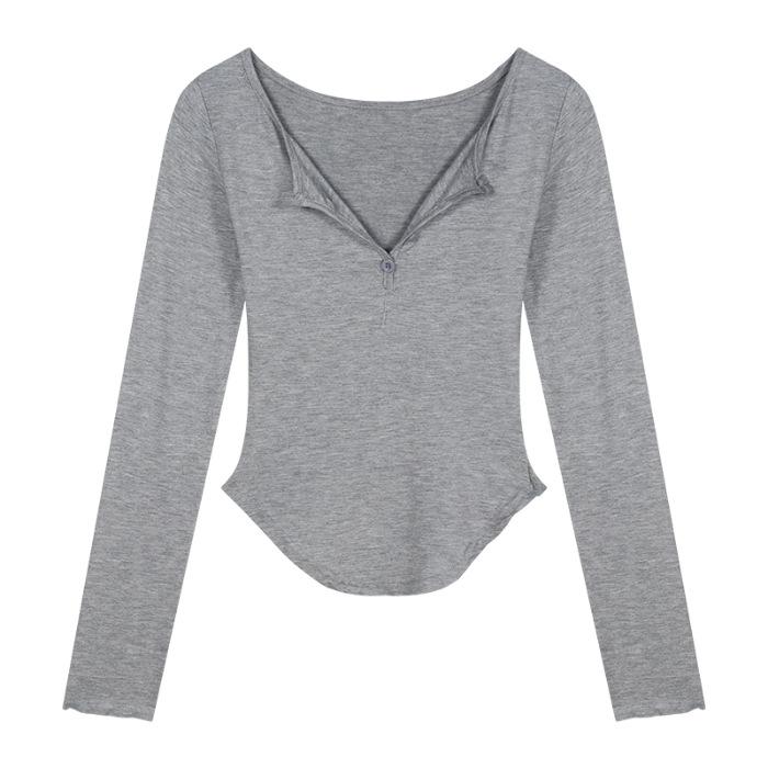 

Sexy long-sleeved T-shirt women s autumn tight bottoming shirt Spice Girl red lace neck sling with pure desire top S
