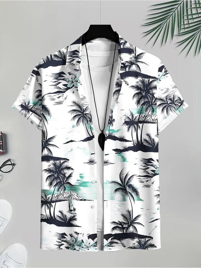 Herren Freizeit-Kurzarmhemd, Mehrfarbig, Verschiedene Größen erhältlich, Polyester-Material, Kokospalmen-Musterdruck, Geeignet für den täglichen Gebrauch,
