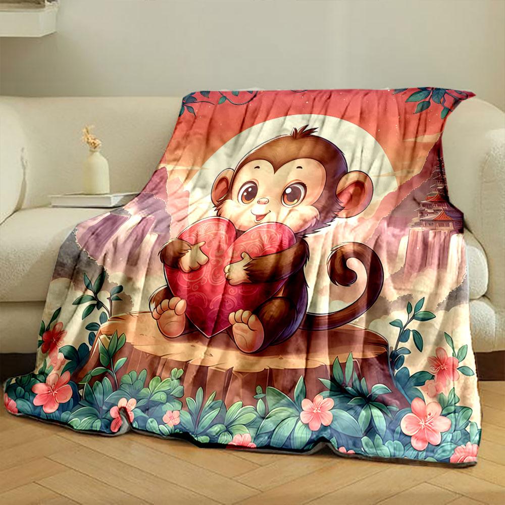 Cute Monkey with Heart at Sunset print blanket soft and cozy perfect for the living room bed sofa or a nap,gift