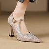 Rhinestone Pointed Single Shoes Women's Spring and Autumn New One-word Buckle Shallow Mouth with Cheongsam Shoes Wedding Shoes High Heels Women