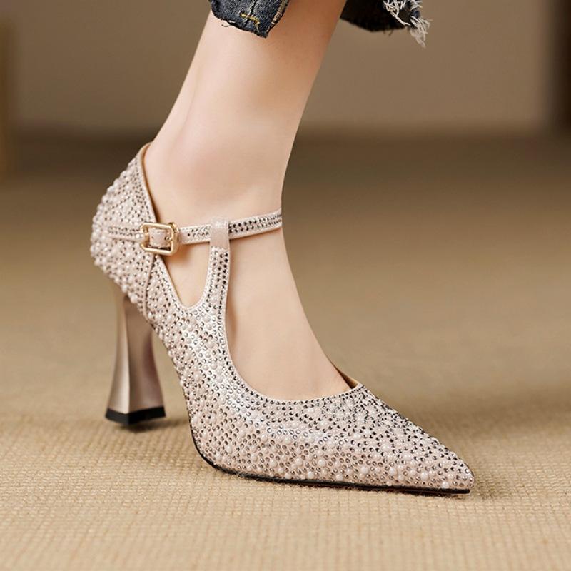 Rhinestone Pointed Single Shoes Women's Spring and Autumn New One-word Buckle Shallow Mouth with Cheongsam Shoes Wedding Shoes High Heels Women
