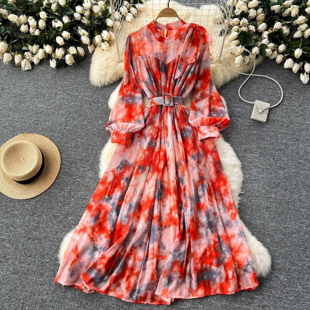 French Vintage Print Chiffon Dress Women Bow Lace-up Lantern Sleeve Elegant Loose Casual Evening Holiday Dresses