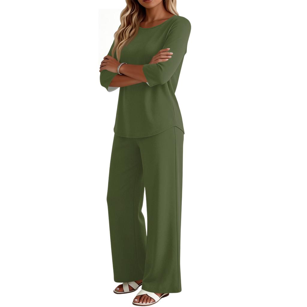 Women’s Casual Loose Fit Round Neck Three Quarter Sleeve Top and Wide Leg Pants Two Piece Set for Everyday Wear
