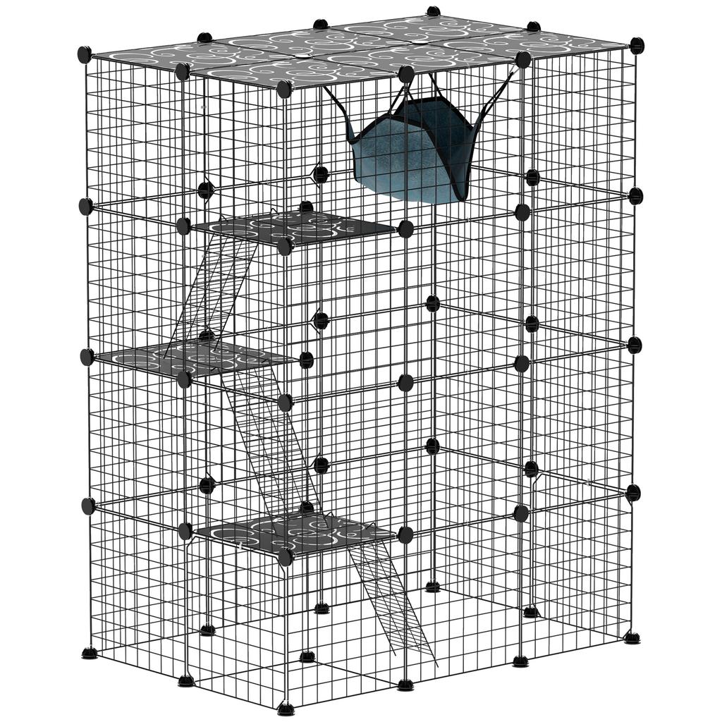 Four-Tier DIY Large Cat Cage with Hammock, Ramps, Five Doors, Indoor Use for 1-3 Cats, Black