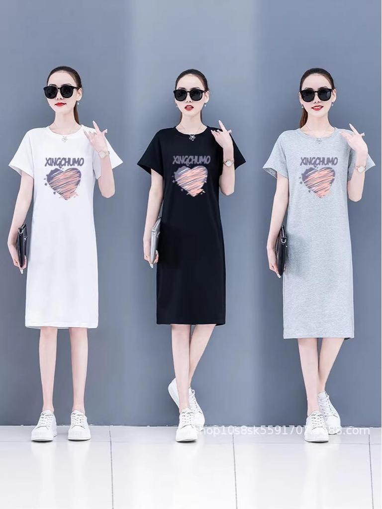 Korean-Style Plus Size Printed Casual T-Shirt Dress for Women - Mid-Length, Slimming, Loose Fit, Summer Wear