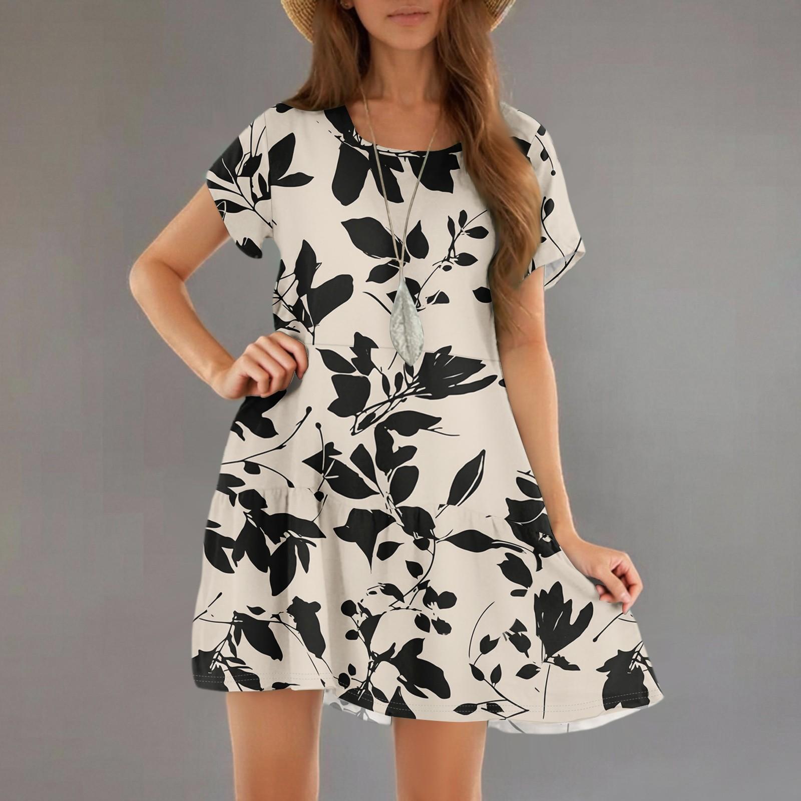 Women s Fashion Casual Round Neck Short Sleeve Ruffle Gradient Printed Dresses L бежевый