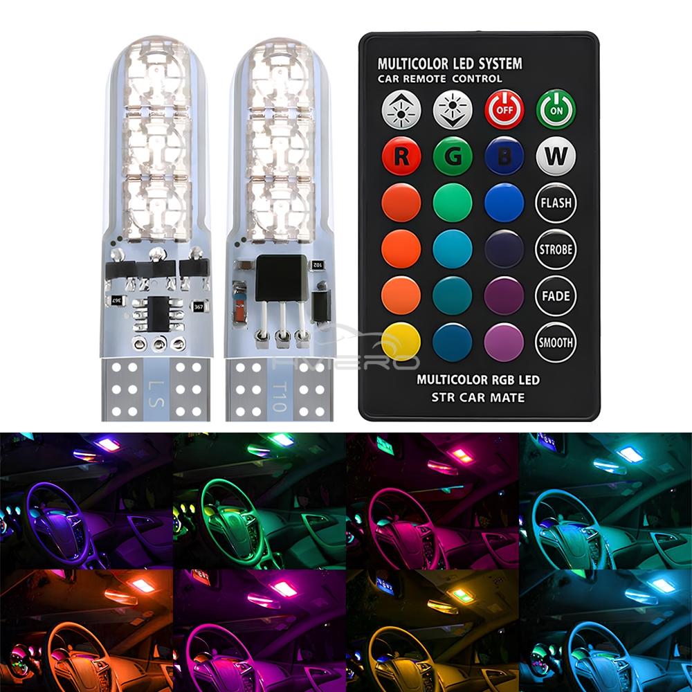 2X T10 W5W 5050 6SMD RGB LED Bulb Car Atmosphere Clearance Lamp for Door Reading Dome Interior Lighting with Remote Control 12V Dome Lights 6