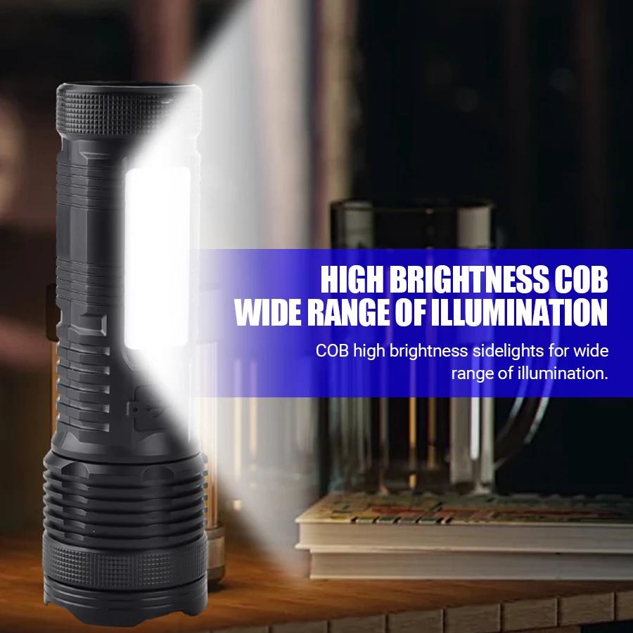 Outdoor Portable Zoom LED Flashlight Type-c Rechargeable Torch with Power Display Strong Light Camping Fishing Emergency Lamp