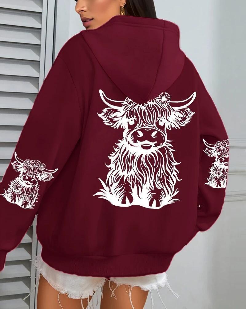 Damen, Kuh Cartoon Tier, Bedruckter Damen Hoodie Herbst Locker Lässig Tasche Fleece Pullover