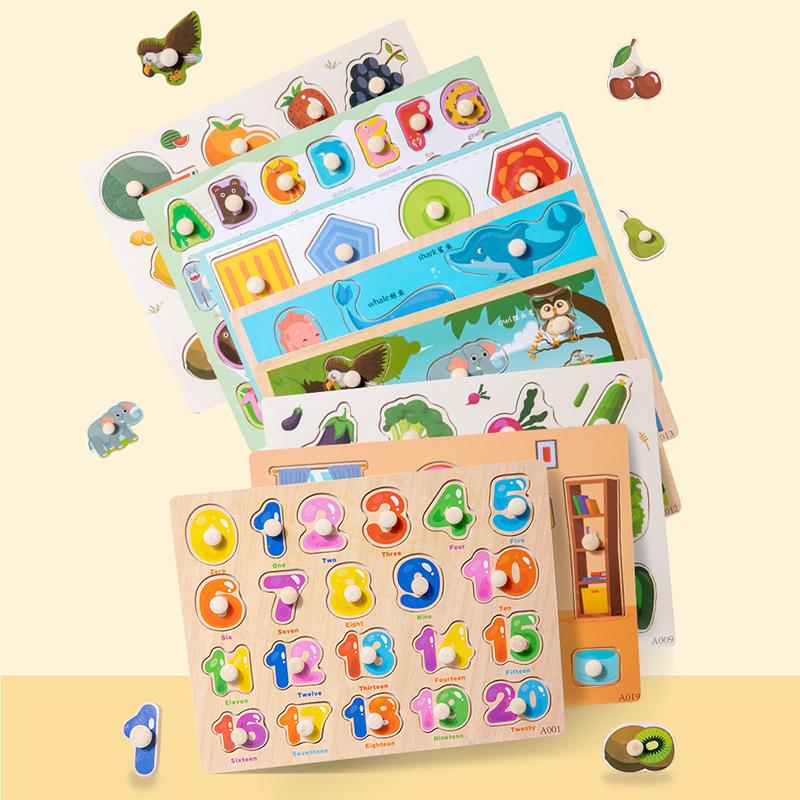 Non-Toxic Montessori Wooden Puzzles Hand Grab Boards Toys Tangram Jigsaw Baby Educational Toys Cartoon Vehicle Animals Fruits 3D Puzzles