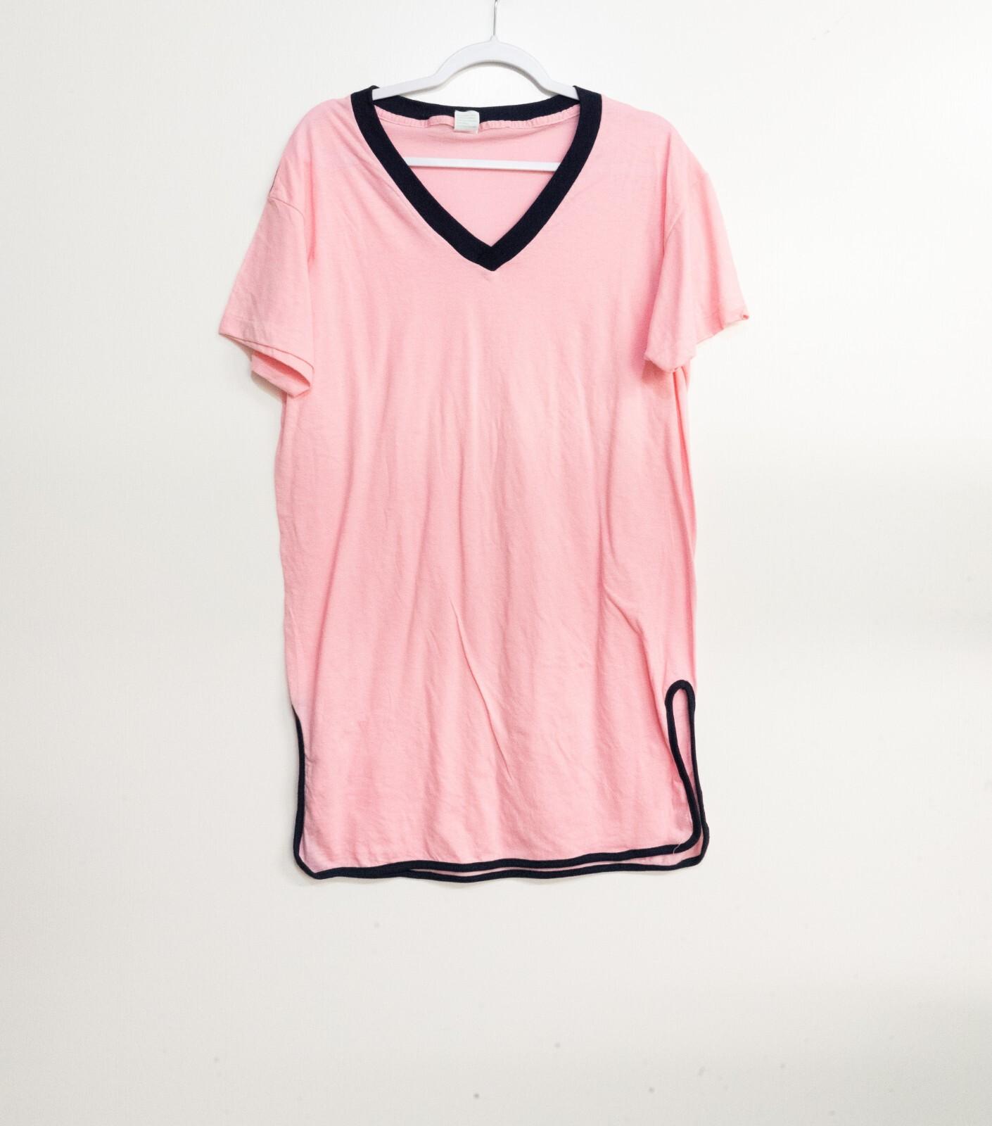 Ched By Anvil Womens Pink Black Polycotton T-Shirt V-Neck Short Sleeve One Size M