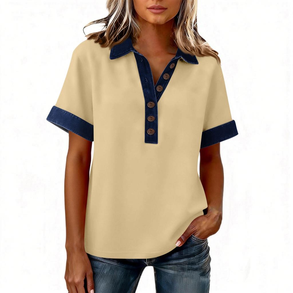 Denim Patchwork Shirts For Women Stand Collar Casual Blouse Short Sleeve Comfy Tshirt Spring Summer Fashion