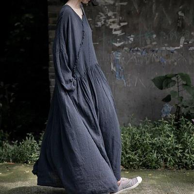 Women Cotton Linen Vintage Dress V-Neck Long Sleeve Solid Color Robes Autumn A-Line Loose Women Dresses