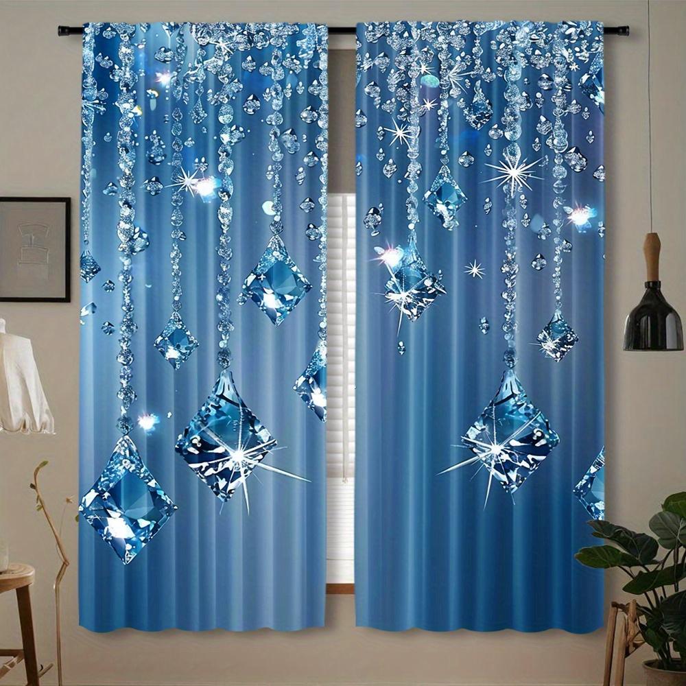 

2pcs Elegant Blue Sheer Curtains with Sparkling Gemstone Design - Rod Pocket Polyester Semi-Transparent - Ideal for Living Roo 100*130 HOOK 1pcs