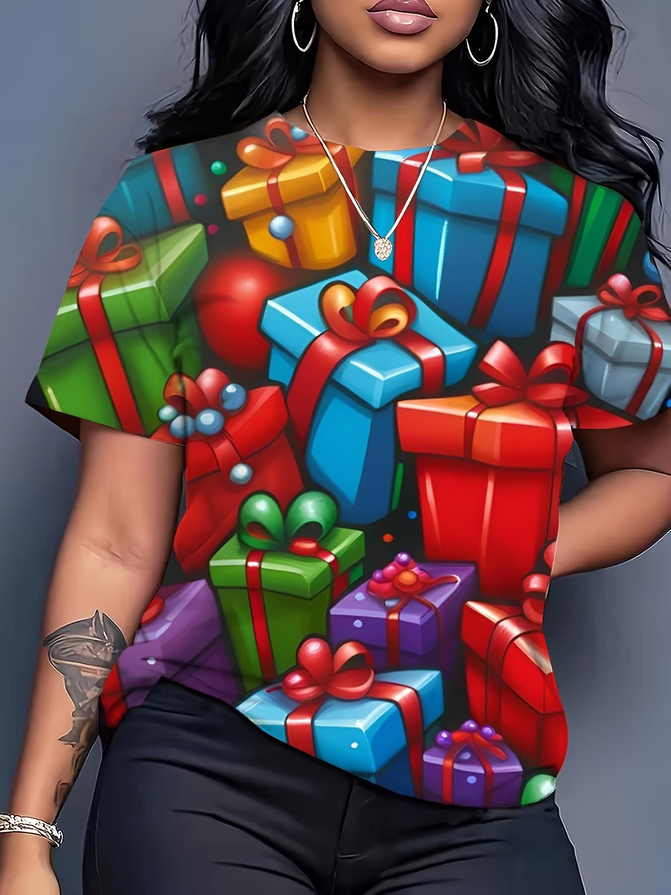 

Women s Casual T-Shirt- Large Gift Box Pattern T-Shirt. Soft Everyday Shirt. Suitable for Christmas Parties and Birthdays. Loose Fit Crew Neck Top- Id L дубильная кора