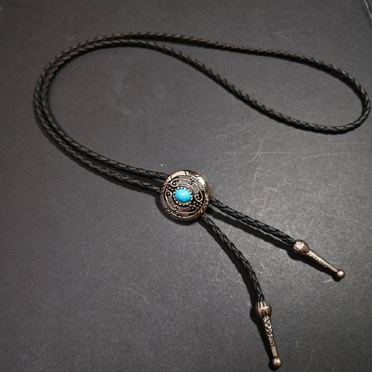 Western Shoestring Necktie Braided Belt Tie Cool Charm Engraved Stone Pendant for Women Men