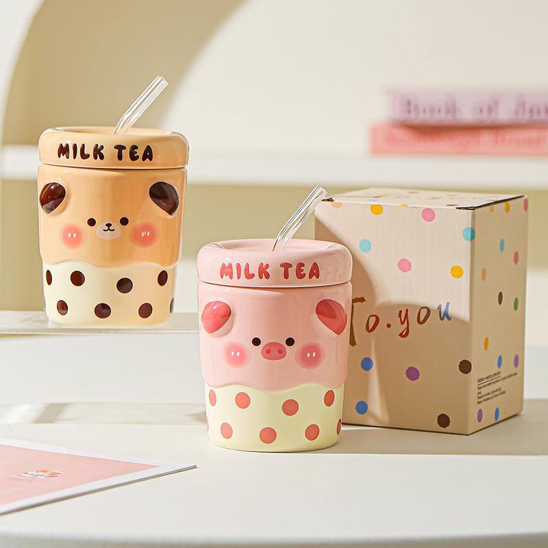 Cute Mug Couple Straw Cup with Lid Cup Gift Box Ceramic Cup Souvenir Birthday Gift Girl Practical