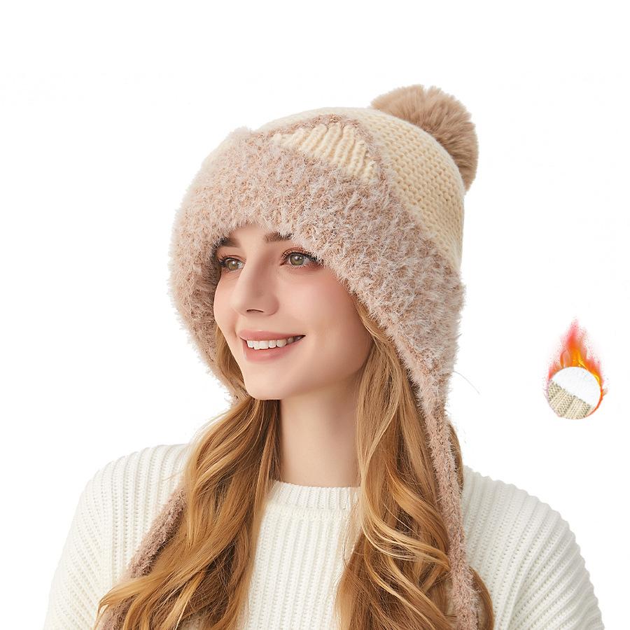 Knitted Hat Women's Autumn Winter Cartoon Cat Ears Elastic Wool Hat Three Hair Balls Ear Protection Wool Hat