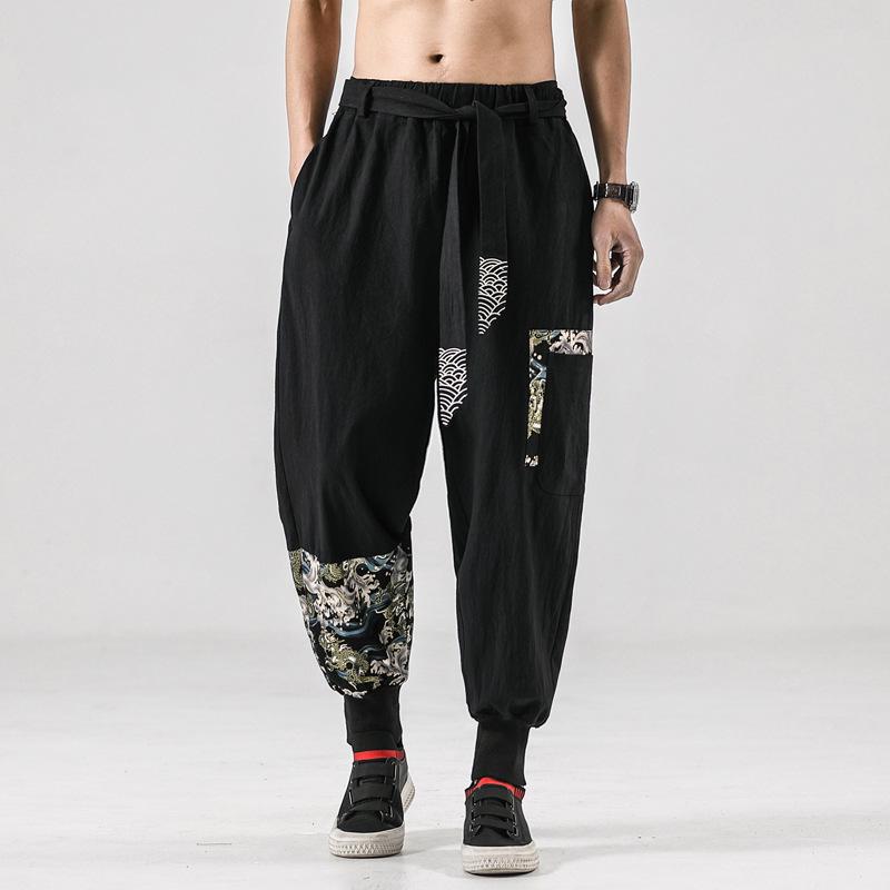 Spring/Summer 2026 Retro Chinese Style Men's Embroidered Cotton Linen Slim Pants