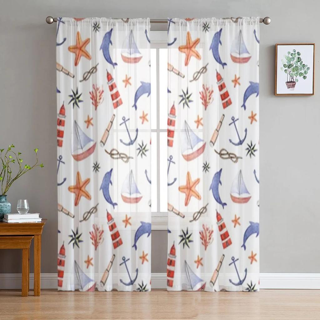 Blått ankare stänkfärg skir gardin för sovrum tyll voile gardin för kök vardagsrum dekor fönsterbehandling