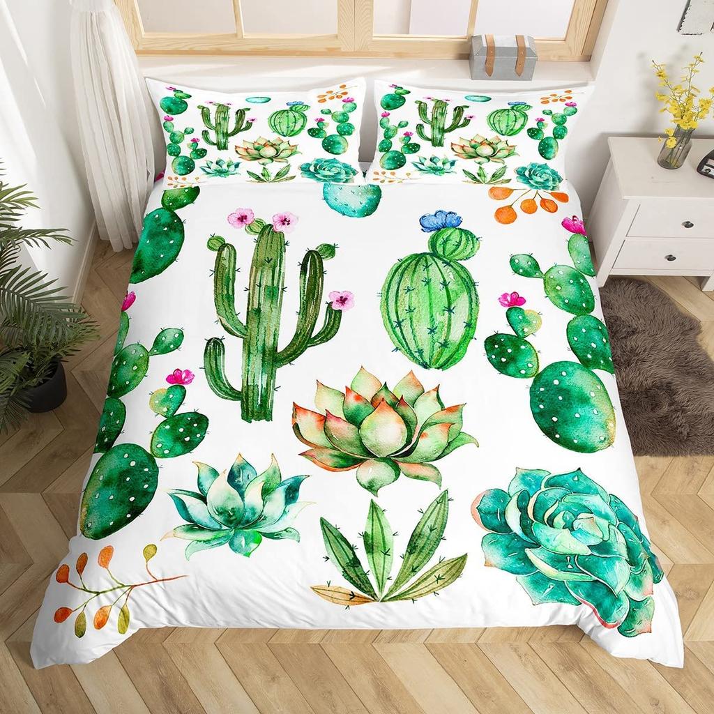Succulents Bedding Set, Exotic Flower Duvet Cover Twin Size For Kids Boys Girls, Branches Leaf Floral Polyester Comforter Cover