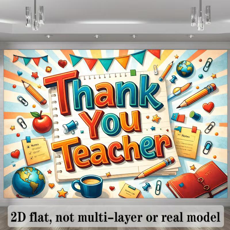 2D Thank You Teacher Banner, Colorful School Supplies Photography Background Banner