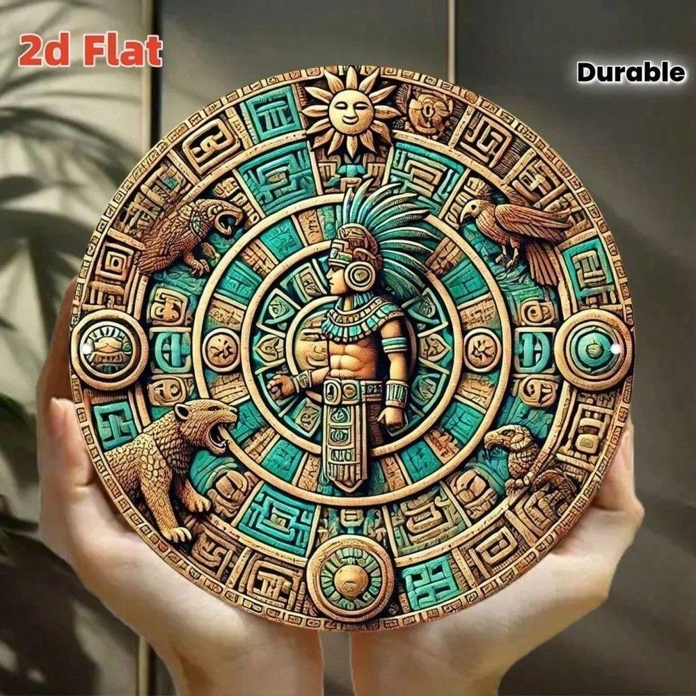 Metal Wall Art, 2D Maya Calendar, Ancient Aztec Sign, Aluminum Decor for Home Garden