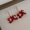 Burgundy transparent glazed flower ear hook double-layer flower rhinestone inlay advanced sense retro bright temperament eye-catching earrings