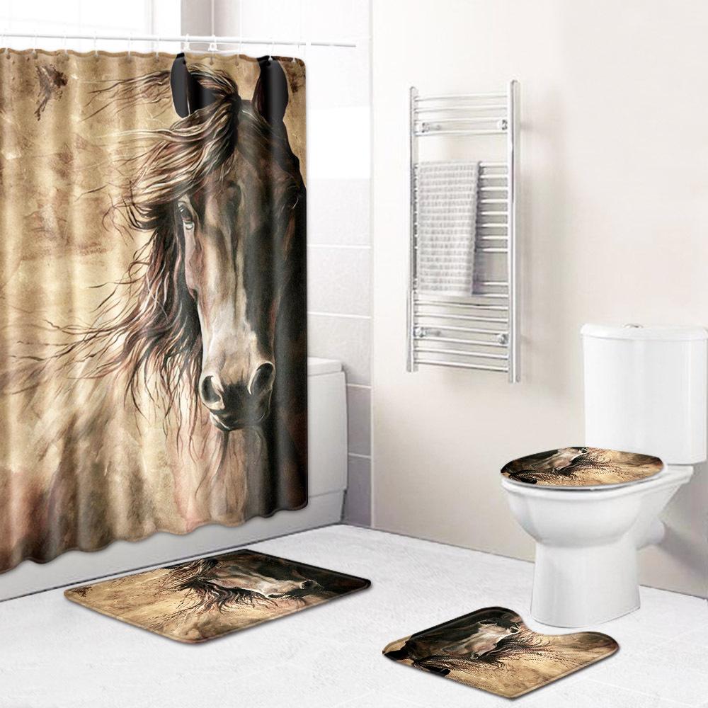 Colored Animals Elephant Lion Horse Bathroom Non-Slip Floor Mat Shower Curtain Carpet Personality Cool