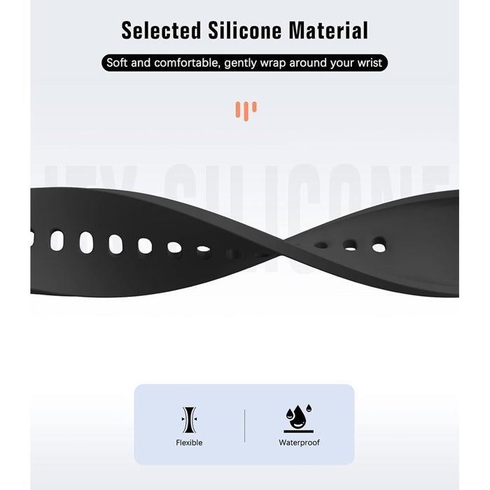 Bracelet pour Samsung Galaxy Watch 7/6/5/4/3 40mm/42mm/43mm/44mm/45mm/46mm, Boucle Réglable Silicone Souple - Noir