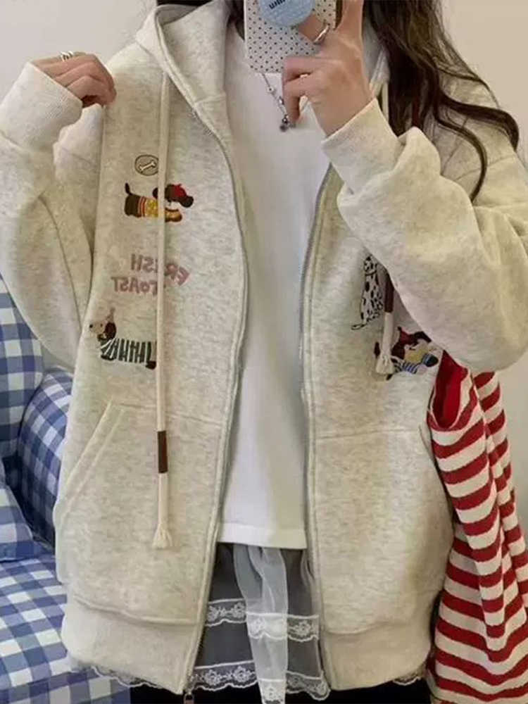 2025 Season New Popular Embroidered Cardigan Zipper Jacket Women's Korean Version Fat Mm Loose Large Size Hooded Sweater