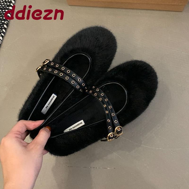 Fashion Fashion Round Toe Women Mary Janes Flats Fur Shoes Female Buckle Strap Footwear Warm Ladies Flats Shallow Shoes