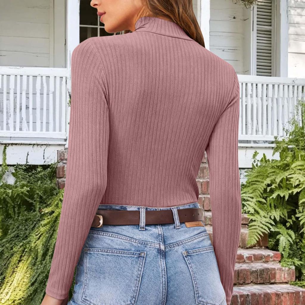 Women's Mock Turtleneck Long Sleeve Top Knitted Ribbed Lightweight Pullover Sweater Fashion Casual Solid Color Top