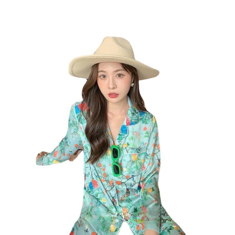 High-End Pajamas Women'S Spring And Summer New Long-Sleeved Trousers Style High-Value Ice Silk Loungewear Set