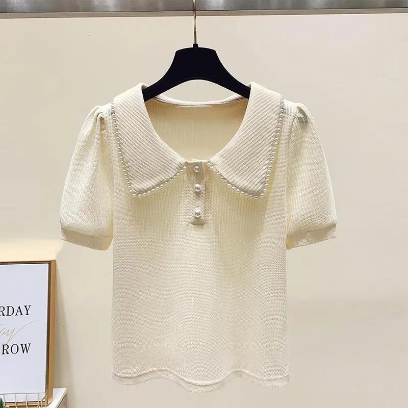 French Temperament Summer New Puff Sleeve Fashion Short Sleeve T-shirt Solid Pearl Casual Slim Top