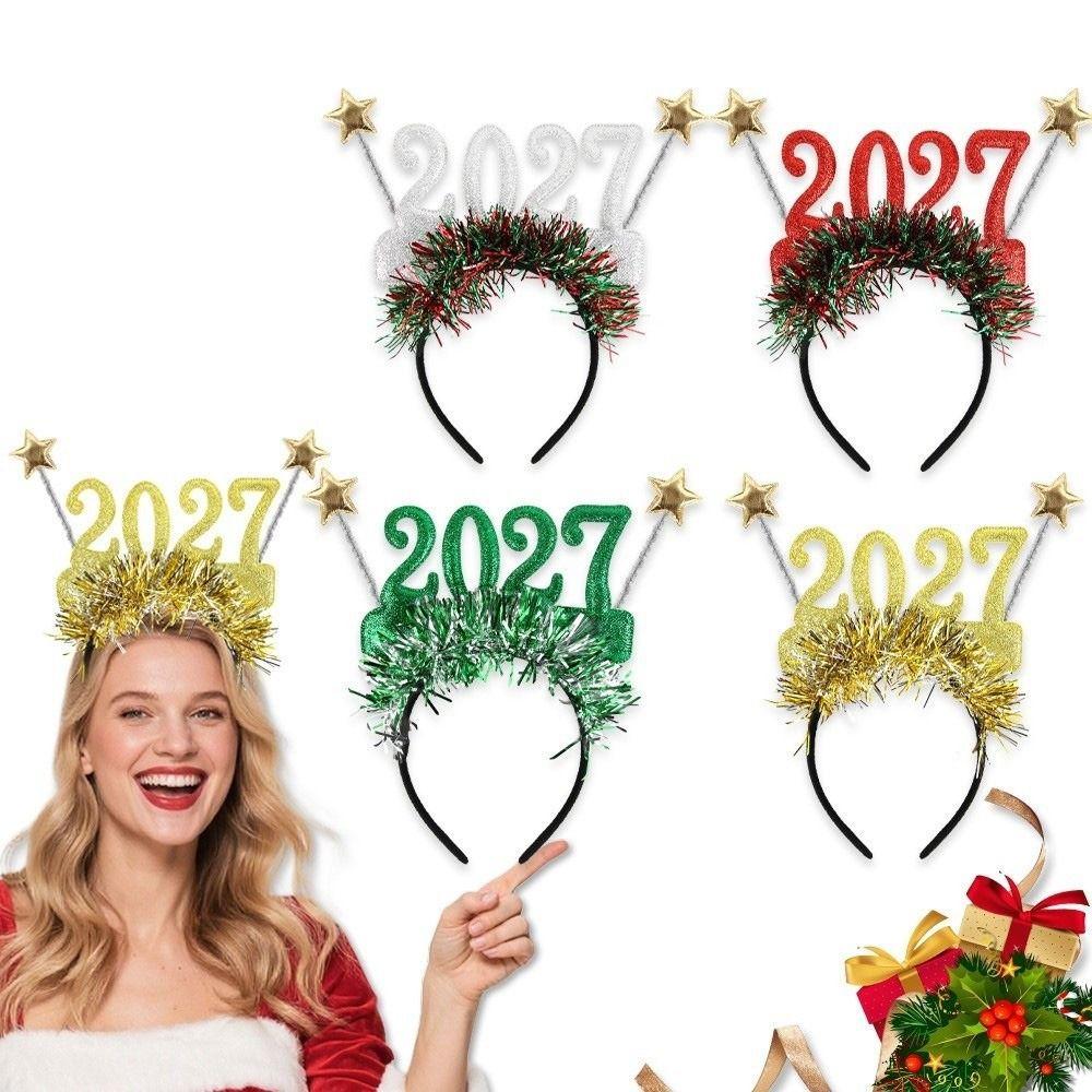 Cute 2027 Happy New Year Headband Sequin Glitter Hair Hoop Star Strip Headwear Masquerade Party