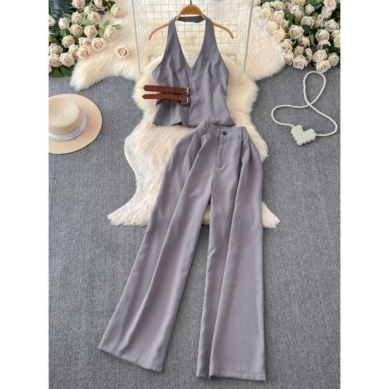 Stylish Niche Style Young Wind Buckle Waist Halter Backless Sling Tops + High Waist Slimming and Wide Leg Two-piece Set