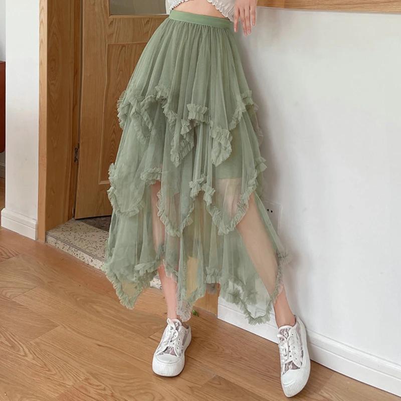 Gonna da donna asimmetrica in tulle con gonna elegante a vita alta con gonna a trapezio in rete per la primavera estate