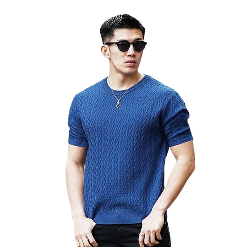 

[Sum Dif] summer knit men s [Selectable necks] short sleeve Thin Comfort fabric Expansion and contraction stitch pattern crew neck V-neck XL Blue