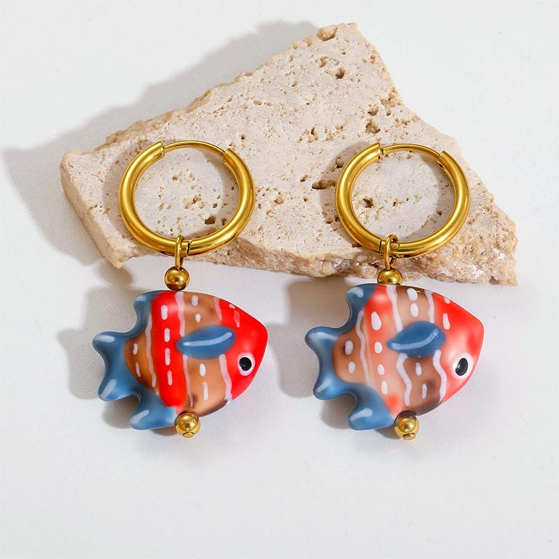 Ceramic Dopamine Fish Starfish Earrings For Women Colorful Vibrant Pendant Youthful Stainless Steel Jewelry Gift