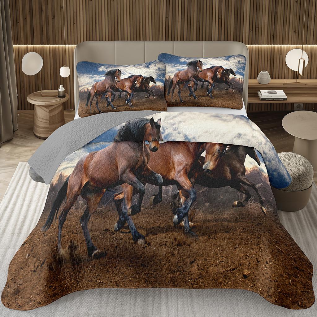 Wild Horse Bedspread Queen/Full Galloping Horse Pattern Quilted Bedding Set Farm Animal Coverlet Set Reversible Rustic Bed Cover