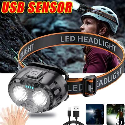 Mocna diodowa latarka czołowa z czujnikiem, jasna latarka czołowa do wędkowania, ładowana przez USB, lampa czołowa z baterią, awaryjna latarka czołowa do biwakowania