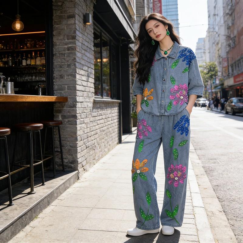 Womens Denim 2-Piece Set Sequin Embroidered Shirt Relaxed Pants 2026 Casual Outfit