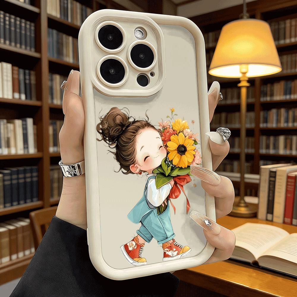 Cute Girl Holding Sunflower Bouquet Anti-Slip TPU Phone Case For Xiaomi Redmi Note 15 14 13 12 11 10 9 Pro Full Protective Cover